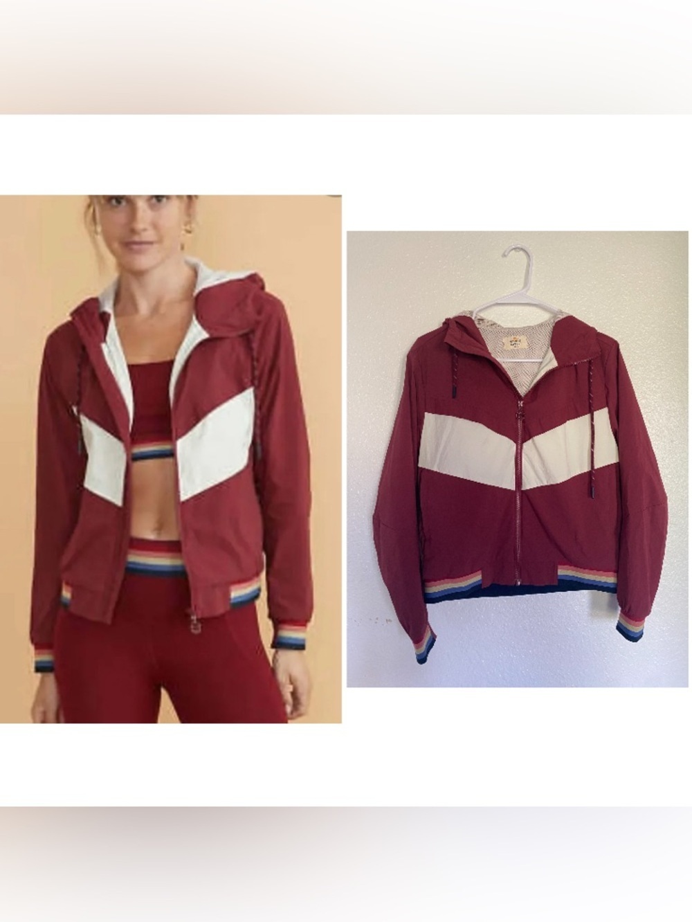 Marine Layer Gabby Windbreaker Maroon Red Hooded Zip Jacket with White Chevron